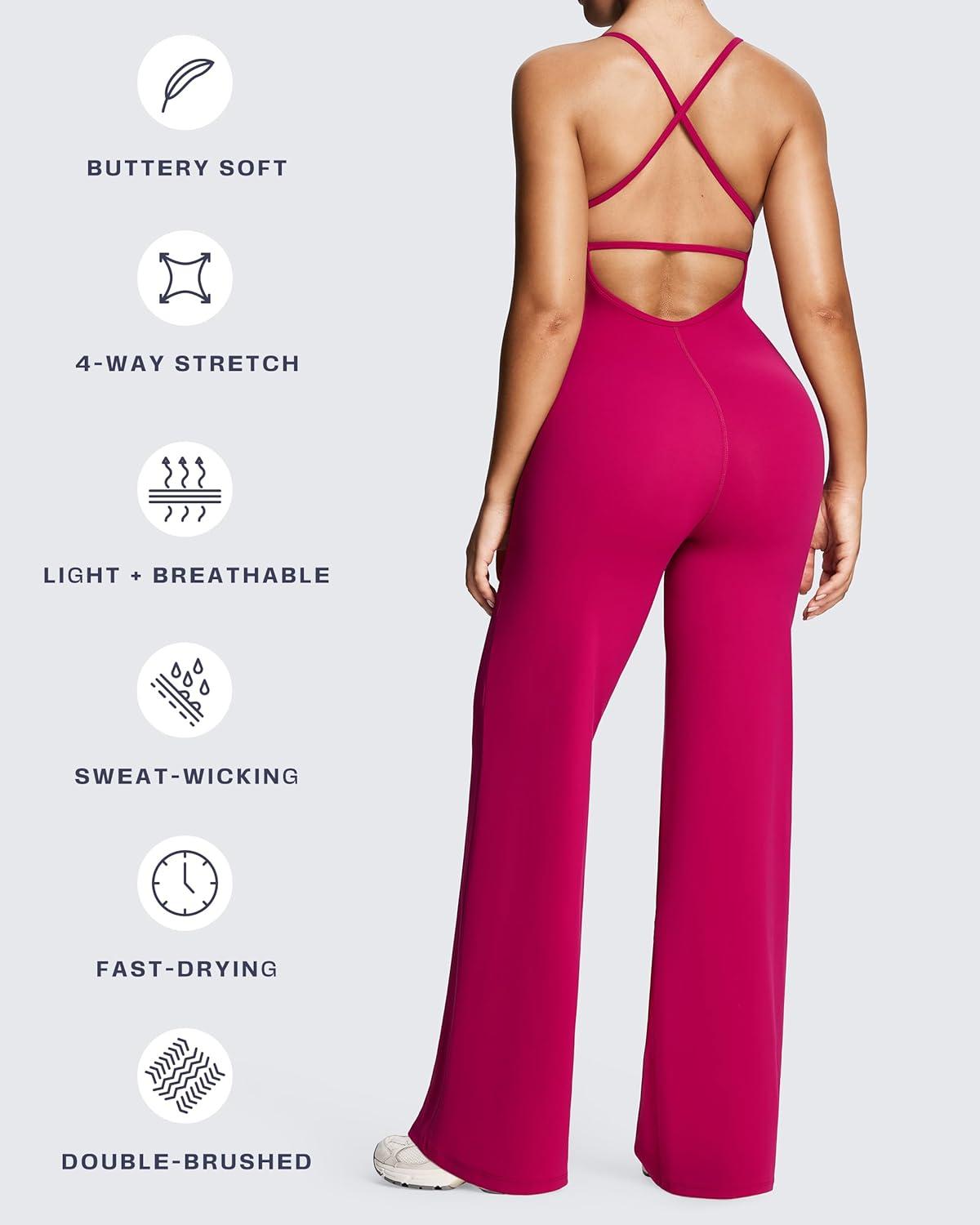 imageAoxjox Workout Athlenza Jumpsuit for Women Straight Leg Cross Back One Piece Lumastretch Gym Yoga Sports Bras JumpsuitsFuchsia