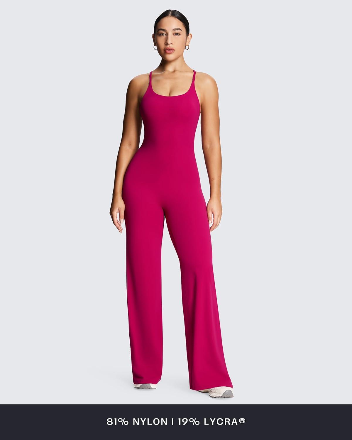 imageAoxjox Workout Athlenza Jumpsuit for Women Straight Leg Cross Back One Piece Lumastretch Gym Yoga Sports Bras JumpsuitsFuchsia