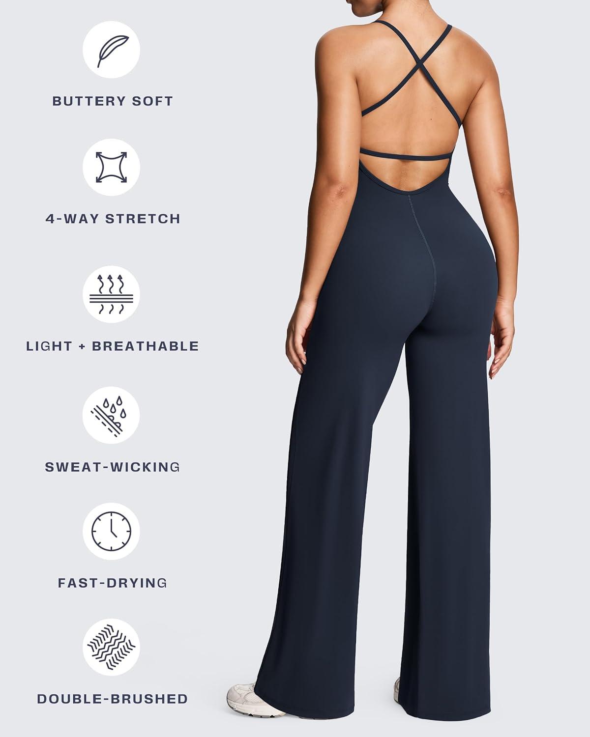 imageAoxjox Workout Athlenza Jumpsuit for Women Straight Leg Cross Back One Piece Lumastretch Gym Yoga Sports Bras JumpsuitsNavy