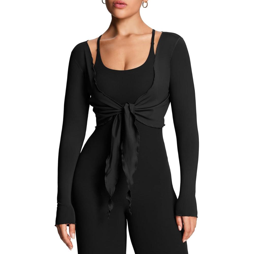 imageAoxjox Womens Athlenza Tie Front Wrap Tops Long Sleeve Shrug Crop Top Ballet Yoga Workout CardiganBlack