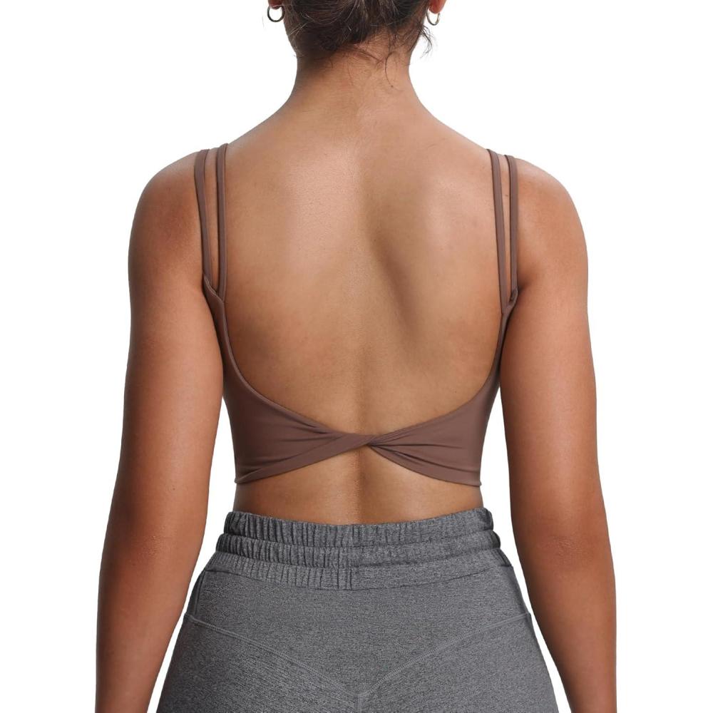 imageAoxjox Womens Workout Sports Bras Fitness Yoga Crop Tank Twist Back Cami1 Fudge Coffee