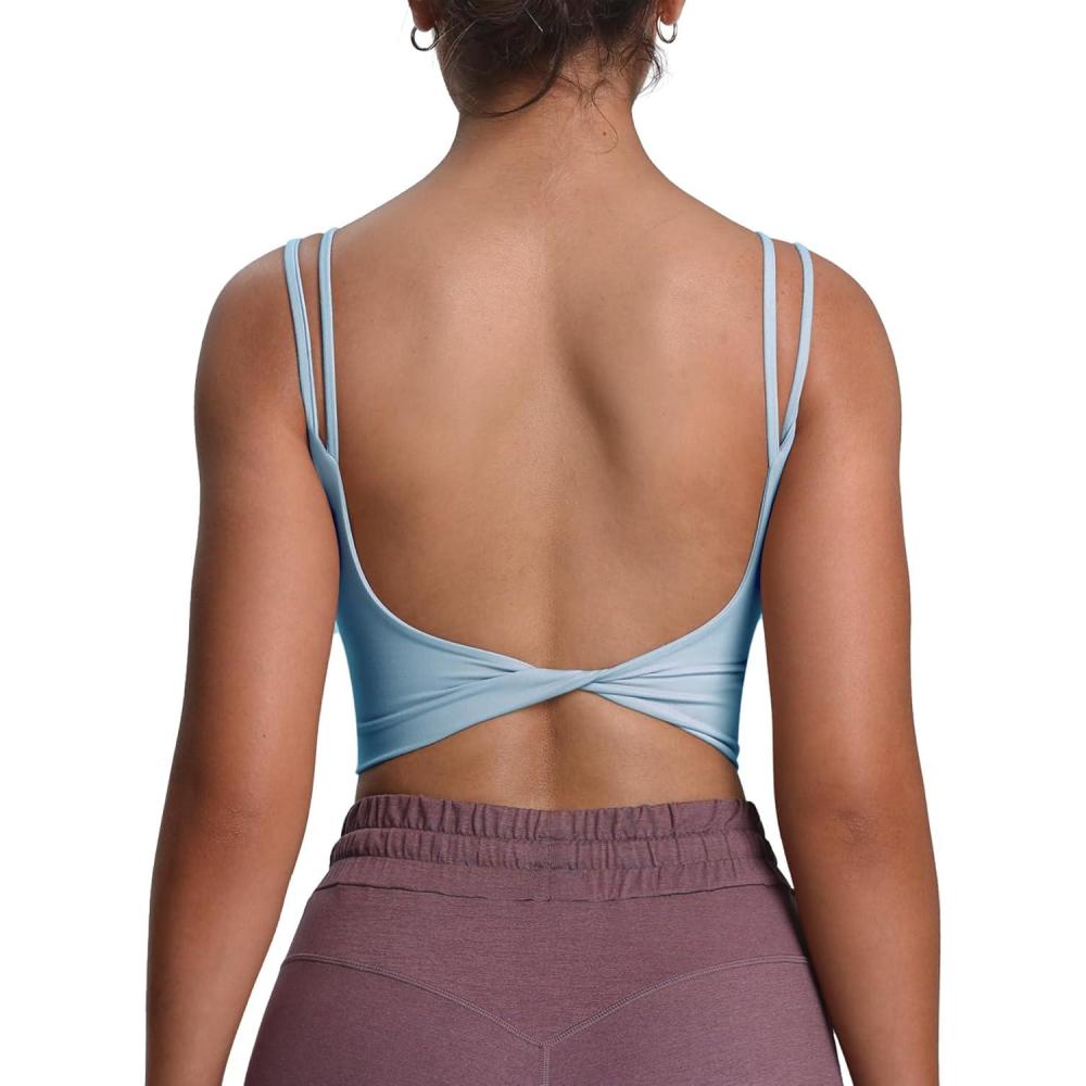 imageAoxjox Womens Workout Sports Bras Fitness Yoga Crop Tank Twist Back CamiAiry Blue