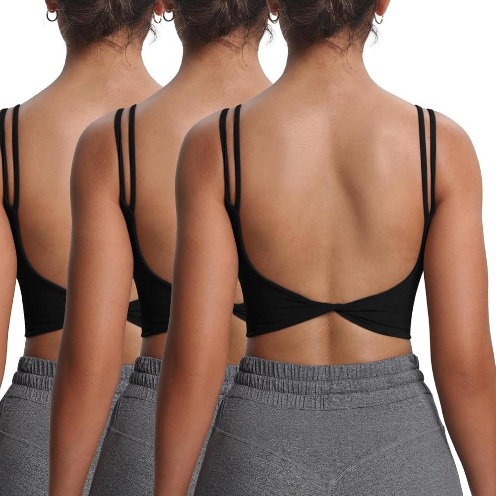 imageAoxjox Womens Workout Sports Bras Fitness Yoga Crop Tank Twist Back CamiBlack 3 Pieces Pack