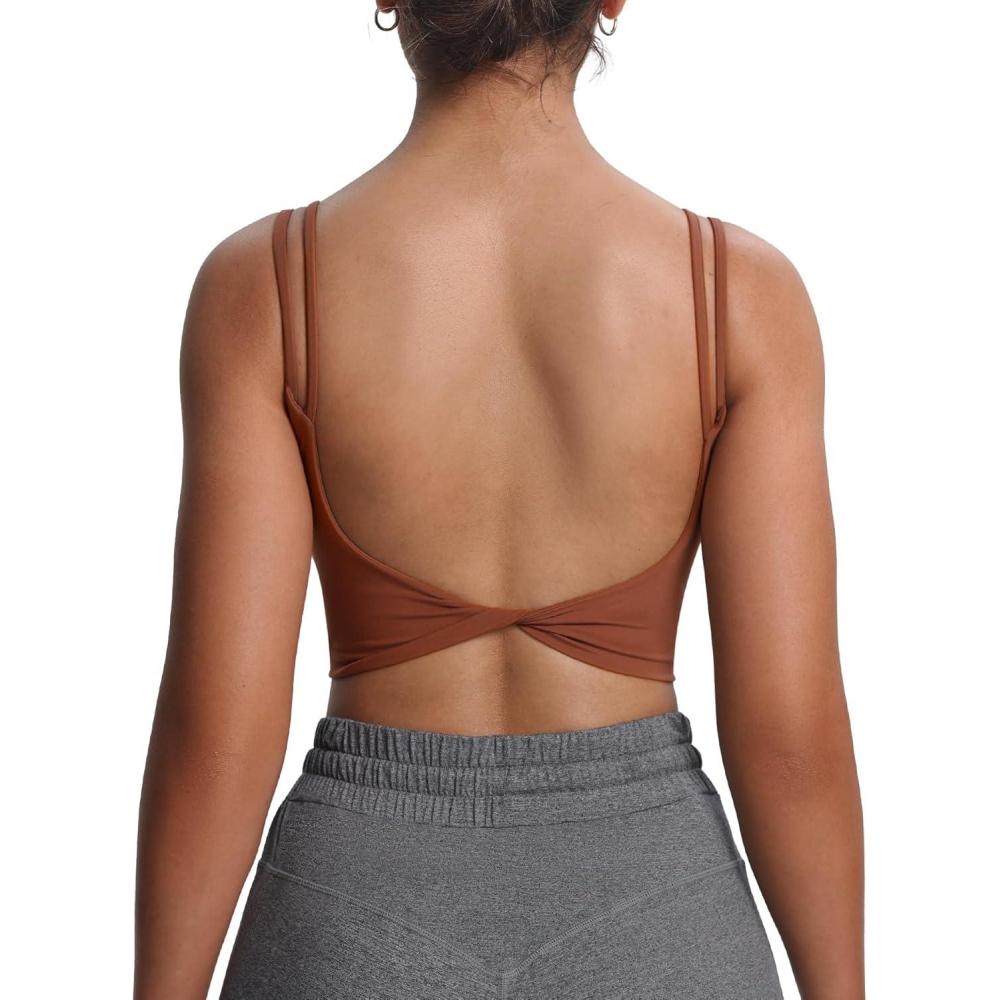 imageAoxjox Womens Workout Sports Bras Fitness Yoga Crop Tank Twist Back CamiDandelion Brown