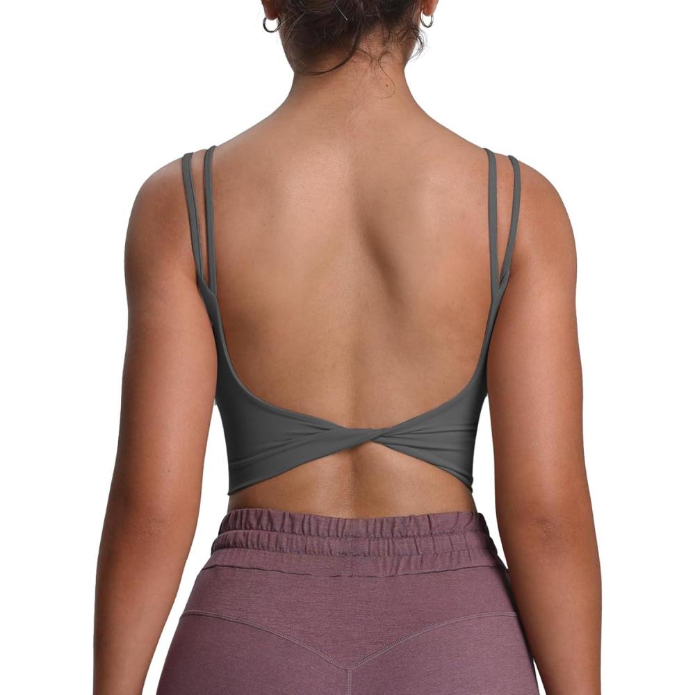 imageAoxjox Womens Workout Sports Bras Fitness Yoga Crop Tank Twist Back CamiIron Grey