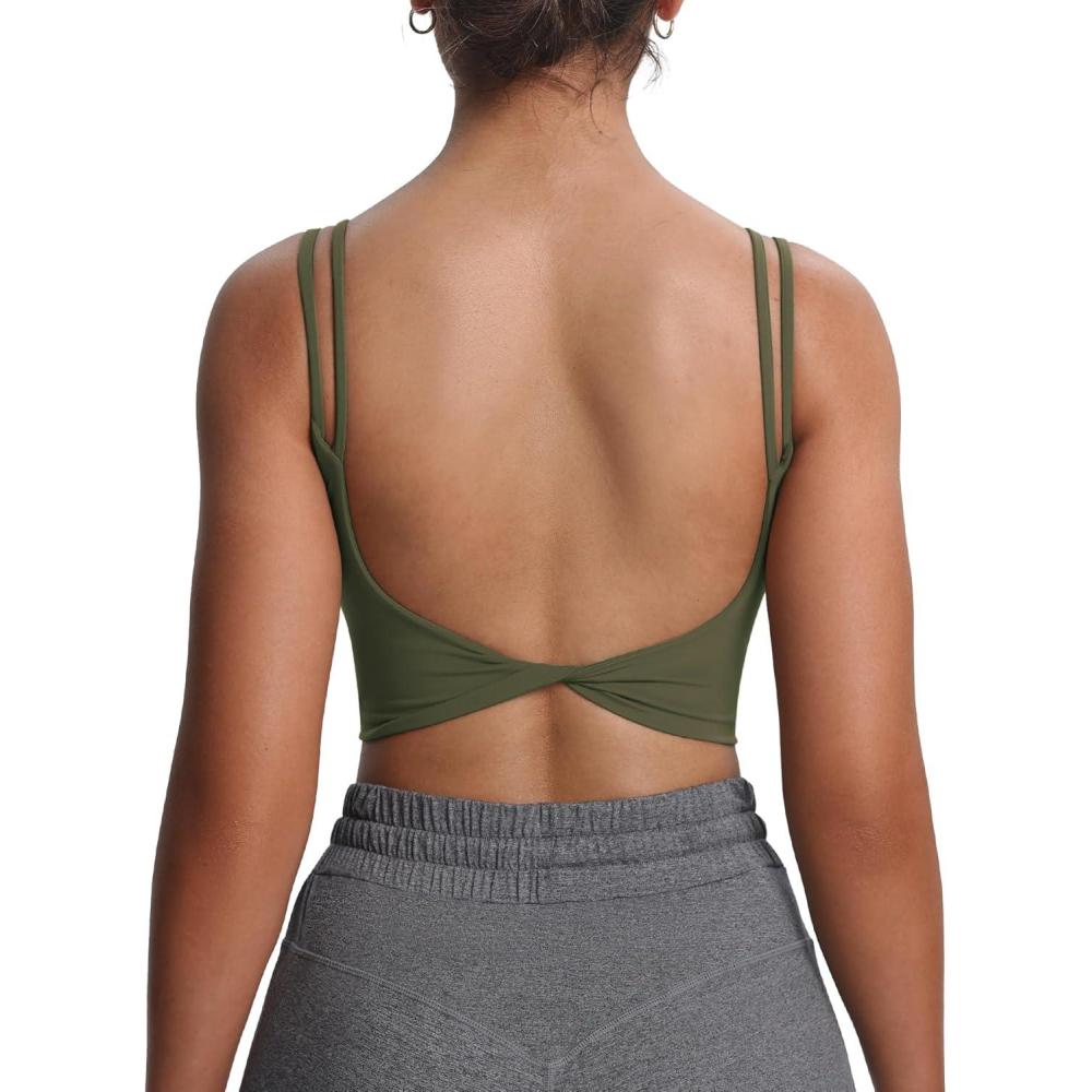 imageAoxjox Womens Workout Sports Bras Fitness Yoga Crop Tank Twist Back CamiOlive Green