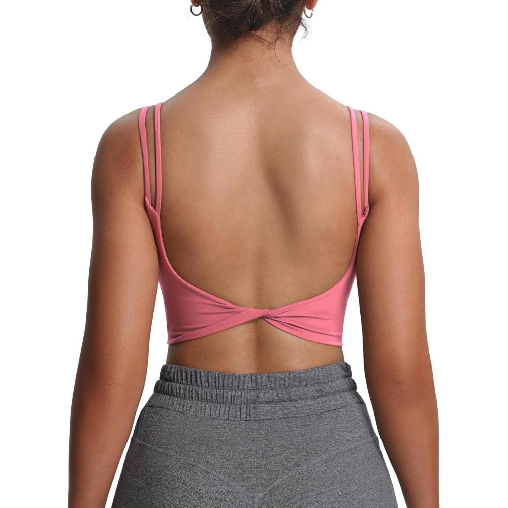 imageAoxjox Womens Workout Sports Bras Fitness Yoga Crop Tank Twist Back CamiSalmon Rose