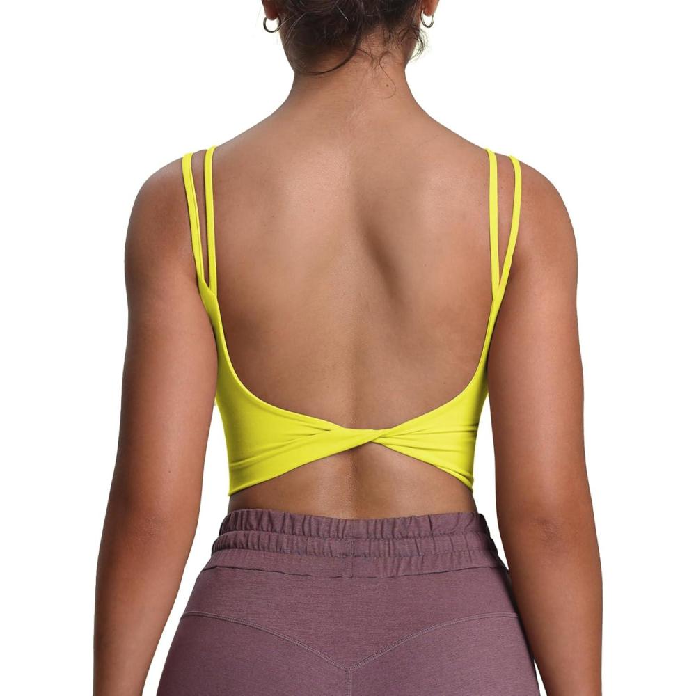 imageAoxjox Womens Workout Sports Bras Fitness Yoga Crop Tank Twist Back CamiVibrant Yellow