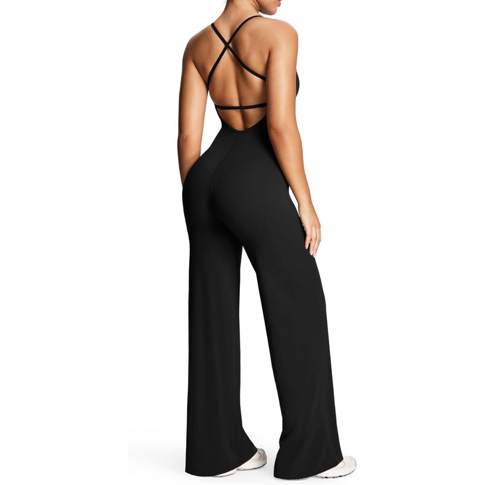imageAoxjox Workout Athlenza Jumpsuit for Women Straight Leg Cross Back One Piece Lumastretch Gym Yoga Sports Bras JumpsuitsBlack