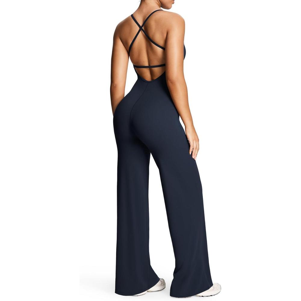 imageAoxjox Workout Athlenza Jumpsuit for Women Straight Leg Cross Back One Piece Lumastretch Gym Yoga Sports Bras JumpsuitsNavy