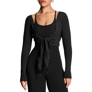 imageAoxjox Womens Athlenza Tie Front Wrap Tops Long Sleeve Shrug Crop Top Ballet Yoga Workout CardiganBlack