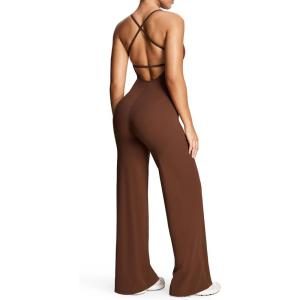 imageAoxjox Workout Athlenza Jumpsuit for Women Straight Leg Cross Back One Piece Lumastretch Gym Yoga Sports Bras JumpsuitsBrown