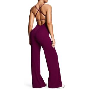 imageAoxjox Workout Athlenza Jumpsuit for Women Straight Leg Cross Back One Piece Lumastretch Gym Yoga Sports Bras JumpsuitsBurgundy