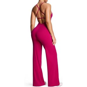imageAoxjox Workout Athlenza Jumpsuit for Women Straight Leg Cross Back One Piece Lumastretch Gym Yoga Sports Bras JumpsuitsFuchsia