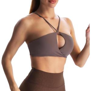 imageAoxjox Womens Workout Sports Bras Fitness Adjusted Ariel Halter Bra Yoga Crop TankFudge Coffee