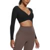 imageAoxjox Leah Long Sleeve Crop for Women Deep V Half Cutout Workout Cropped T Shirt TopBlack