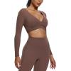 imageAoxjox Leah Long Sleeve Crop for Women Deep V Half Cutout Workout Cropped T Shirt TopFudge Coffee