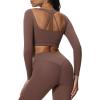 imageAoxjox Leah Long Sleeve Crop for Women Deep V Half Cutout Workout Cropped T Shirt TopFudge Coffee