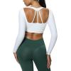imageAoxjox Leah Long Sleeve Crop for Women Deep V Half Cutout Workout Cropped T Shirt TopWhite