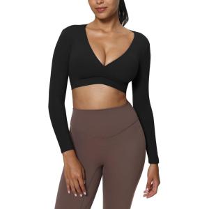 imageAoxjox Leah Long Sleeve Crop for Women Deep V Half Cutout Workout Cropped T Shirt TopBlack