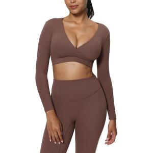 imageAoxjox Leah Long Sleeve Crop for Women Deep V Half Cutout Workout Cropped T Shirt TopFudge Coffee