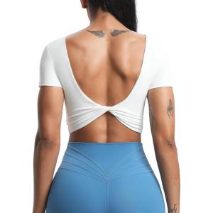 imageAoxjox Short Sleeve Crop Tops for Women Emma Backless Twist Back Workout Cropped T Shirt TopA White