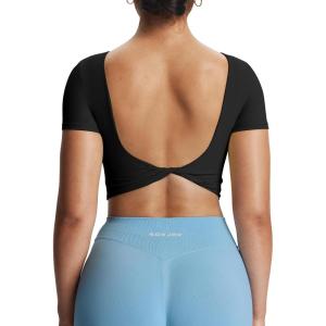 imageAoxjox Short Sleeve Crop Tops for Women Emma Backless Twist Back Workout Cropped T Shirt TopBlack
