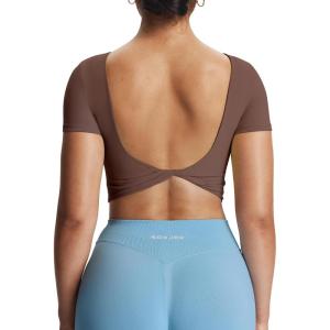 imageAoxjox Short Sleeve Crop Tops for Women Emma Backless Twist Back Workout Cropped T Shirt TopFudge Coffee