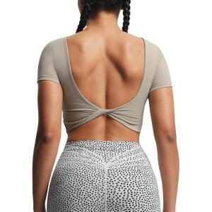 imageAoxjox Short Sleeve Crop Tops for Women Emma Backless Twist Back Workout Cropped T Shirt TopMink