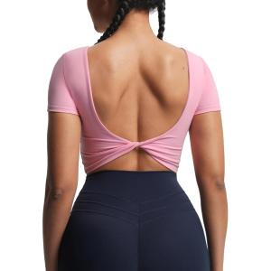 imageAoxjox Short Sleeve Crop Tops for Women Emma Backless Twist Back Workout Cropped T Shirt TopPrism Pink