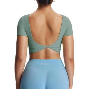imageAoxjox Short Sleeve Crop Tops for Women Emma Backless Twist Back Workout Cropped T Shirt TopSage Green