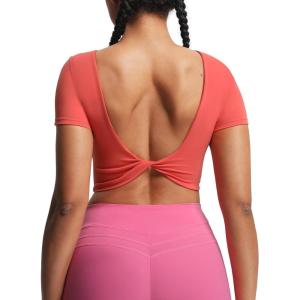 imageAoxjox Short Sleeve Crop Tops for Women Emma Backless Twist Back Workout Cropped T Shirt TopSpiced Coral