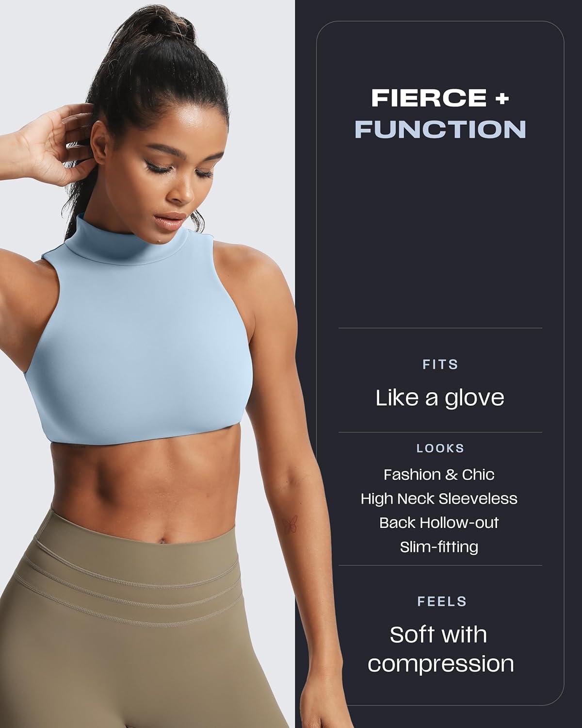 imageAoxjox Womens Kim Cutout High Neck Tank Workout Sports Bras Fitness Training Gym Bra Yoga CropAiry Blue