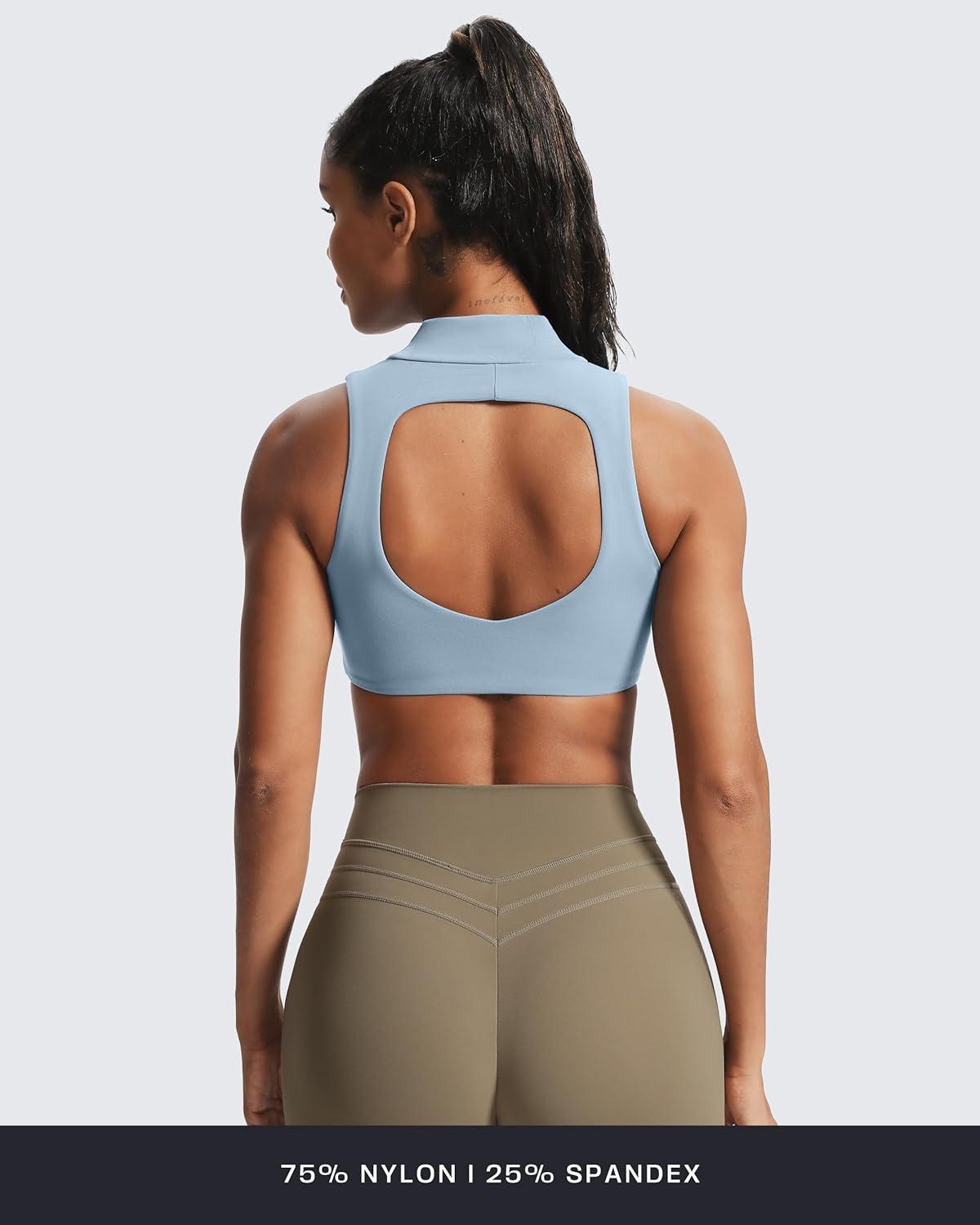 imageAoxjox Womens Kim Cutout High Neck Tank Workout Sports Bras Fitness Training Gym Bra Yoga CropAiry Blue