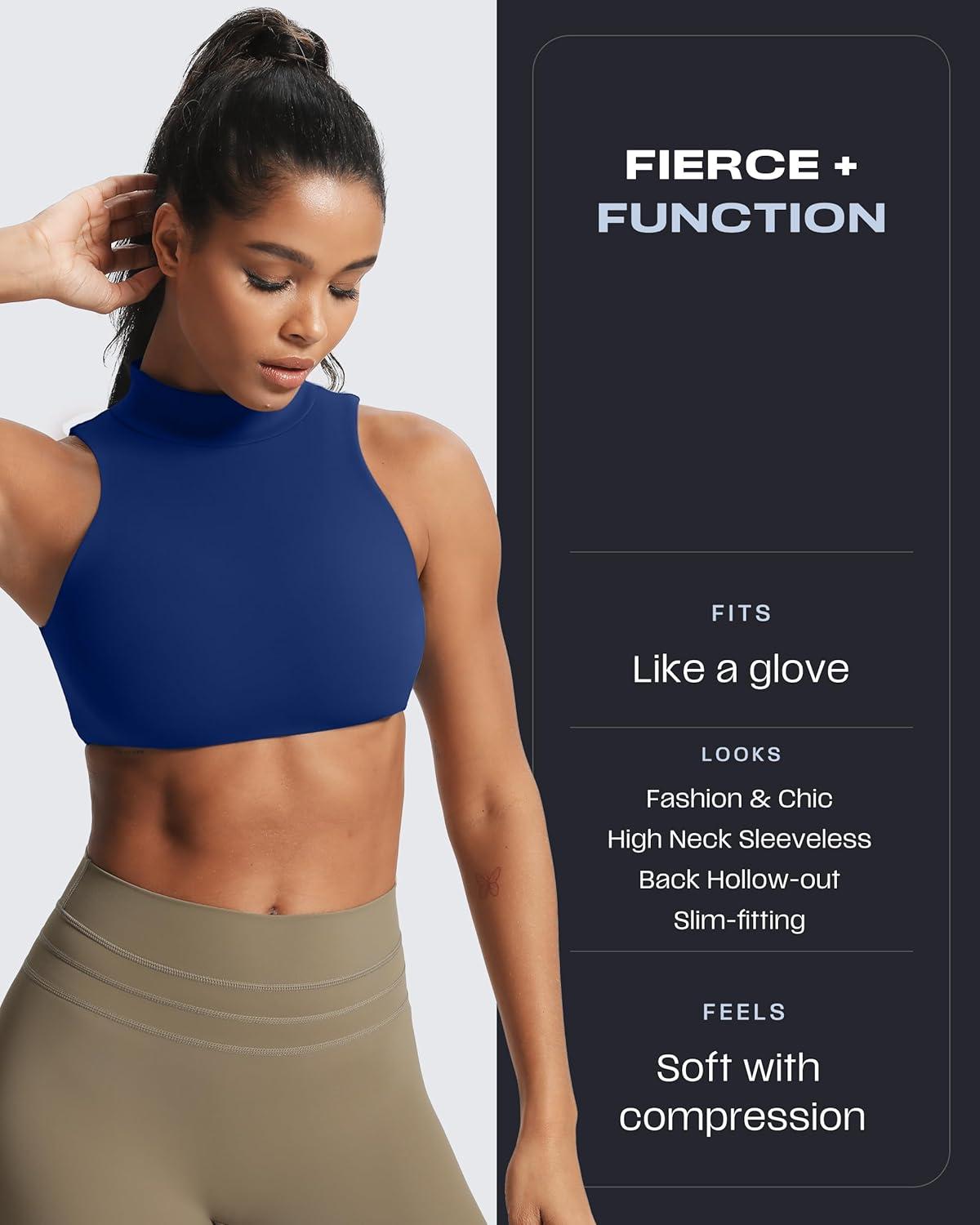 imageAoxjox Womens Kim Cutout High Neck Tank Workout Sports Bras Fitness Training Gym Bra Yoga CropBellwether Blue