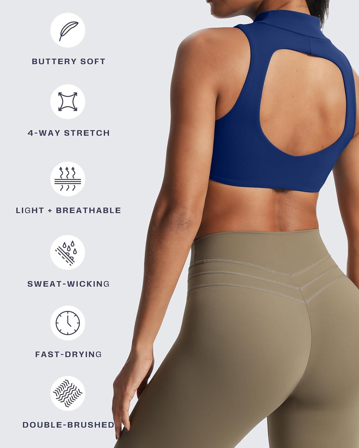 imageAoxjox Womens Kim Cutout High Neck Tank Workout Sports Bras Fitness Training Gym Bra Yoga CropBellwether Blue