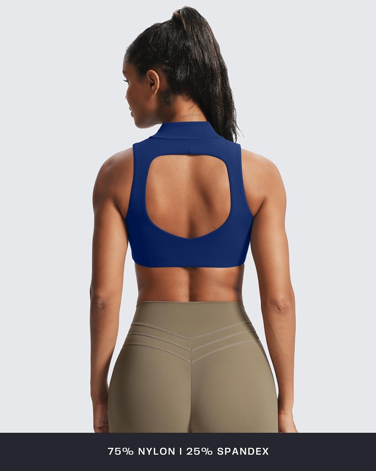 imageAoxjox Womens Kim Cutout High Neck Tank Workout Sports Bras Fitness Training Gym Bra Yoga CropBellwether Blue