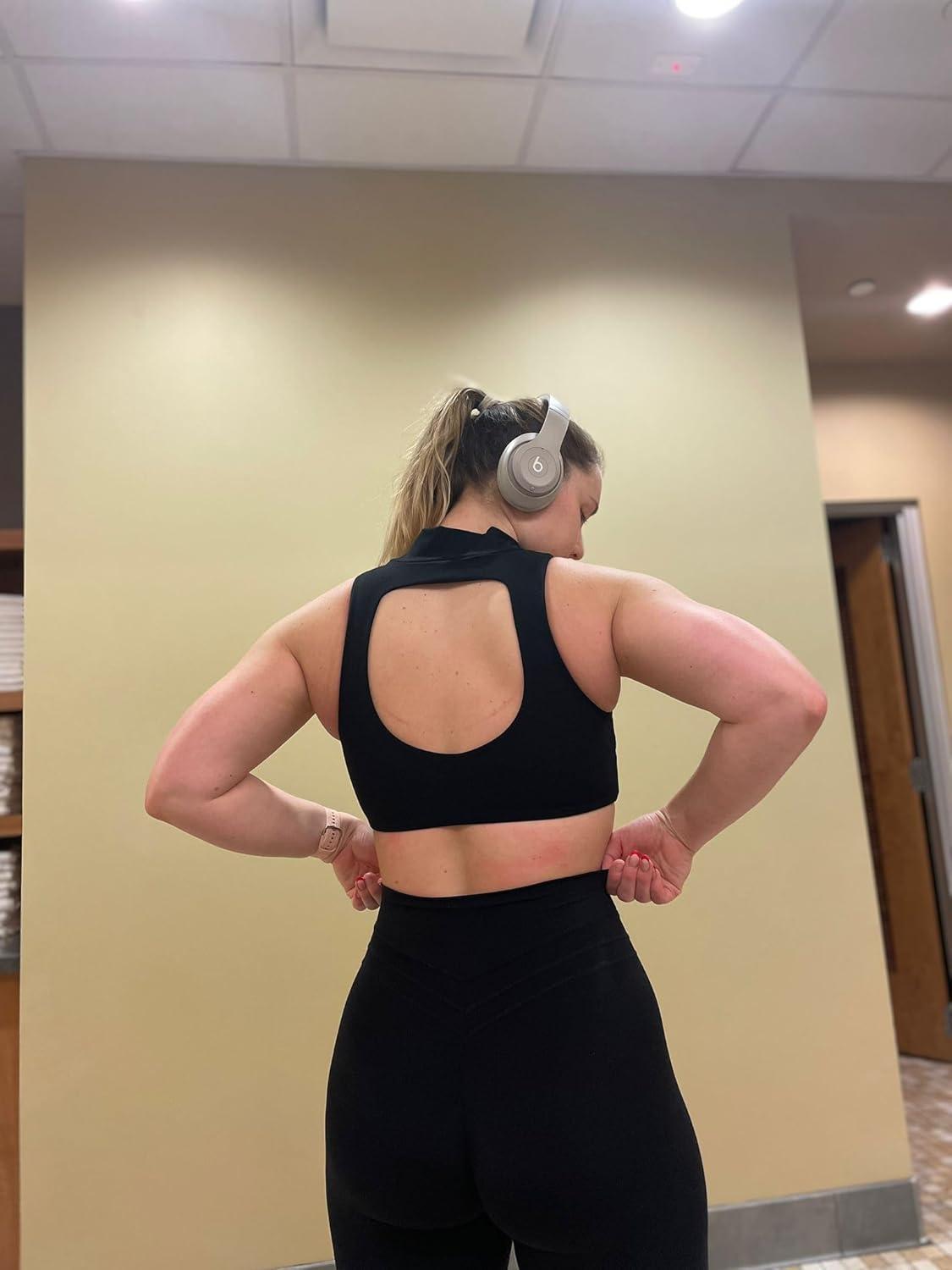 imageAoxjox Womens Kim Cutout High Neck Tank Workout Sports Bras Fitness Training Gym Bra Yoga CropBlack