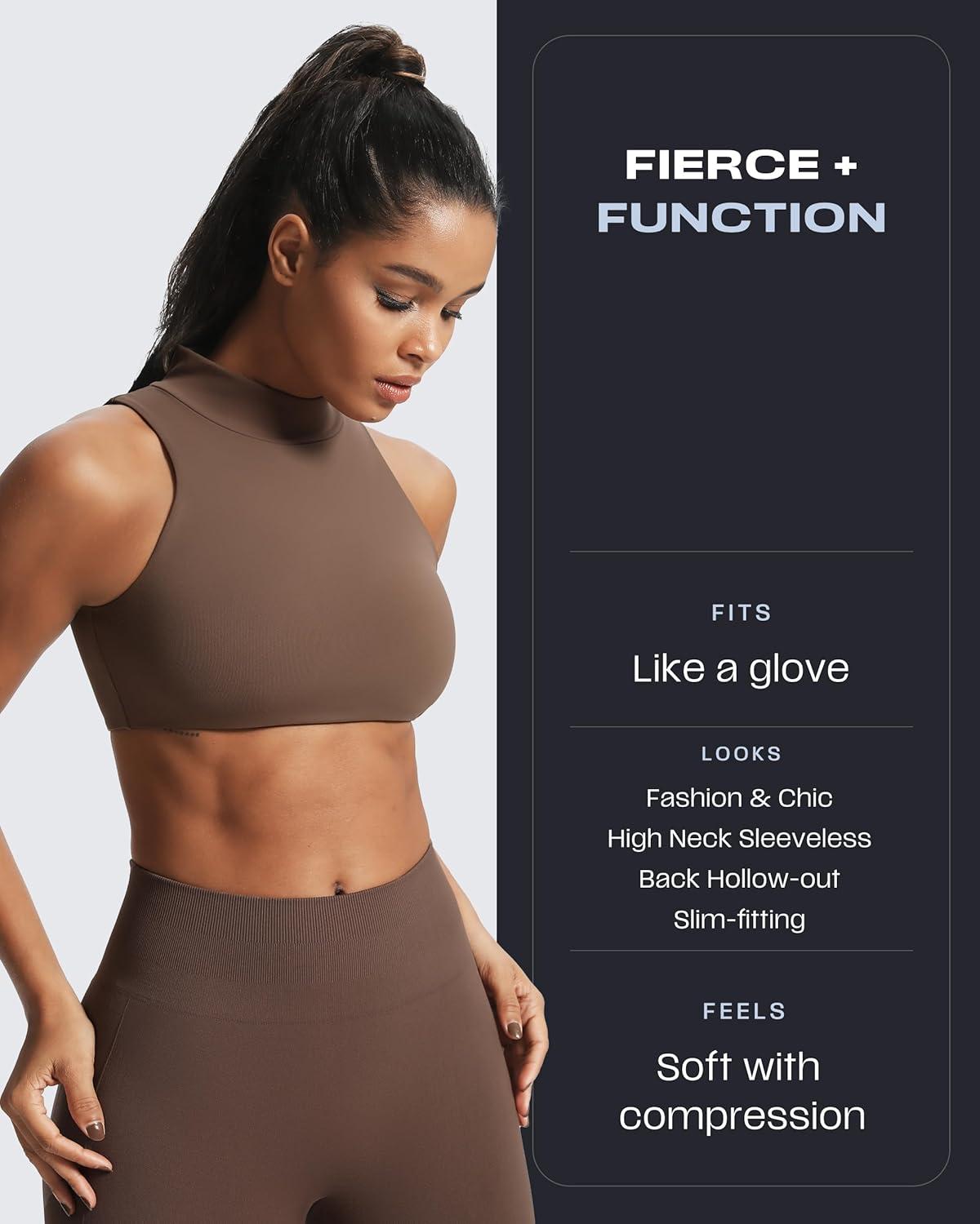 imageAoxjox Womens Kim Cutout High Neck Tank Workout Sports Bras Fitness Training Gym Bra Yoga CropFudge Coffee