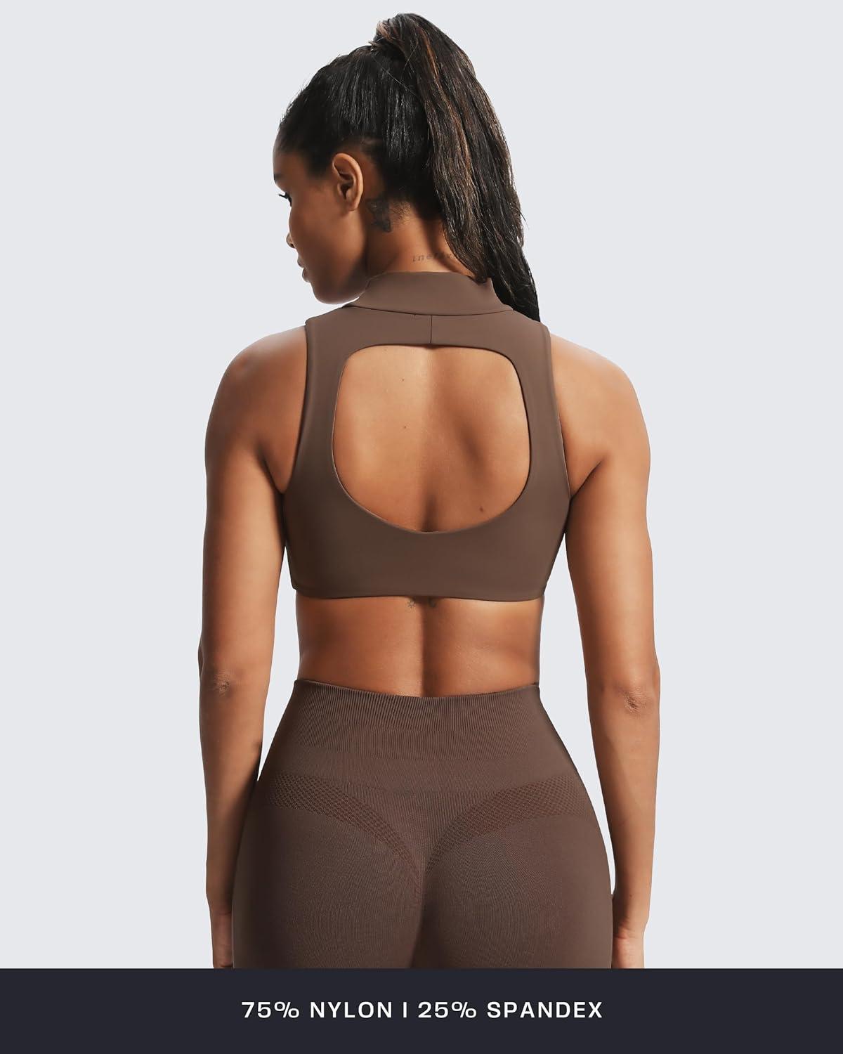 imageAoxjox Womens Kim Cutout High Neck Tank Workout Sports Bras Fitness Training Gym Bra Yoga CropFudge Coffee