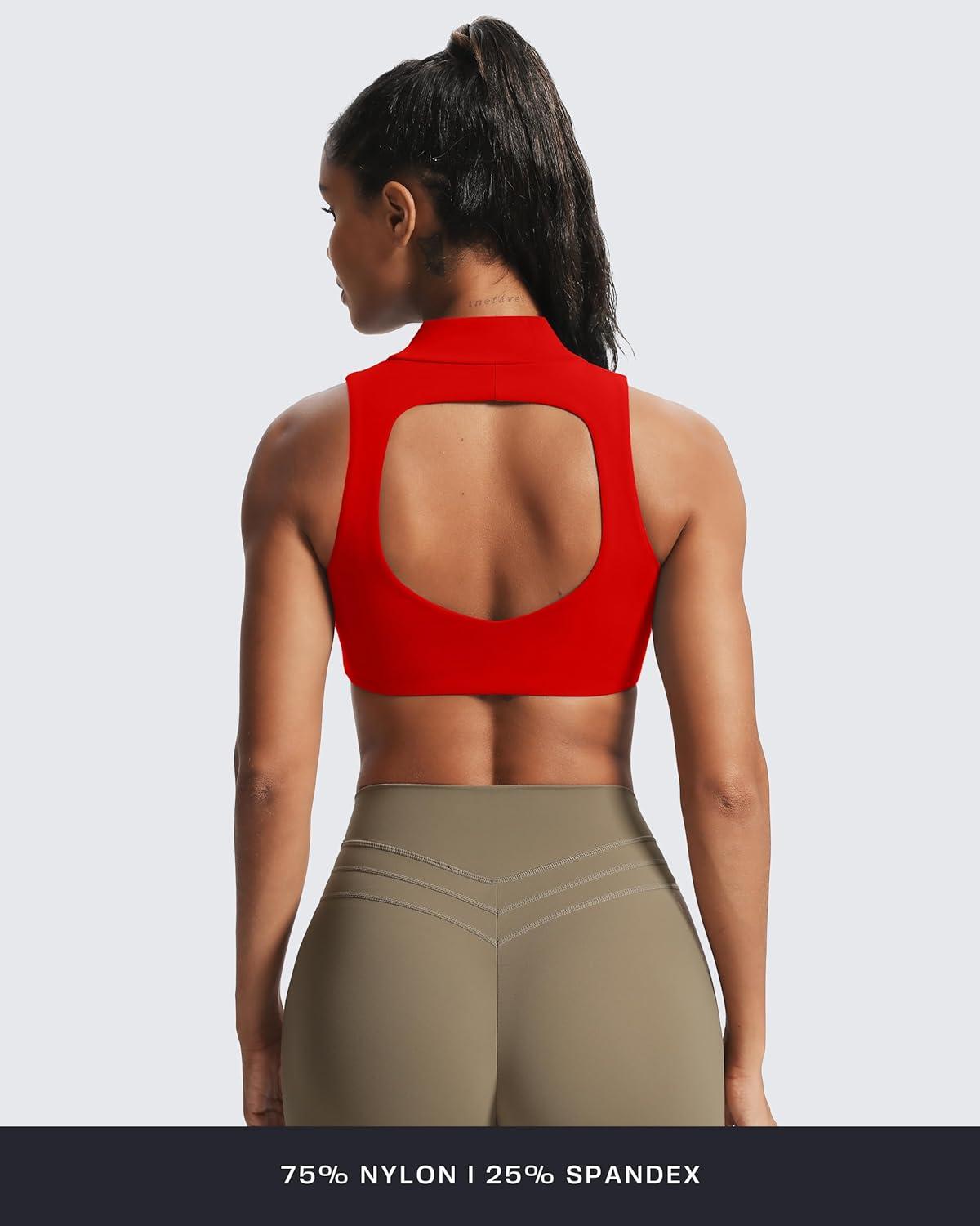 imageAoxjox Womens Kim Cutout High Neck Tank Workout Sports Bras Fitness Training Gym Bra Yoga CropRacing Red