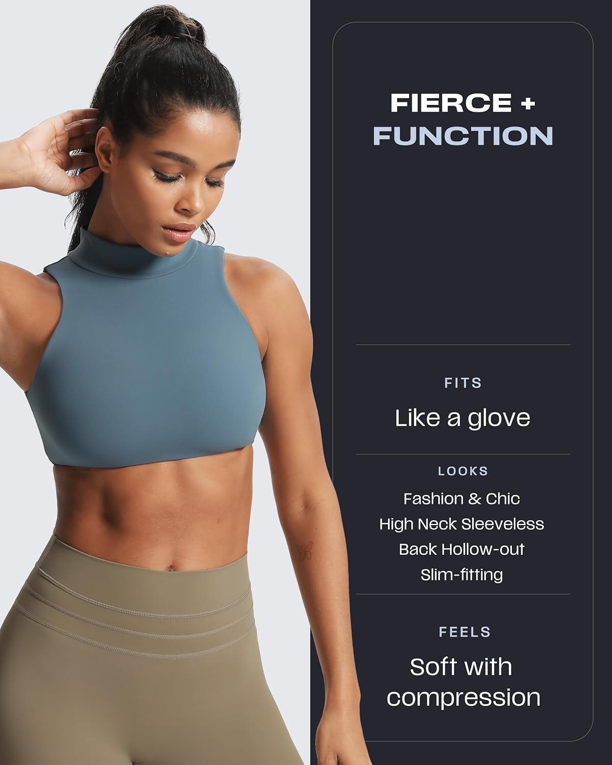 imageAoxjox Womens Kim Cutout High Neck Tank Workout Sports Bras Fitness Training Gym Bra Yoga CropSteel Blue