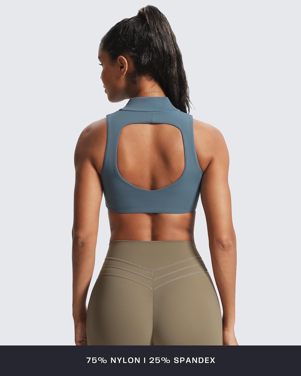 imageAoxjox Womens Kim Cutout High Neck Tank Workout Sports Bras Fitness Training Gym Bra Yoga CropSteel Blue