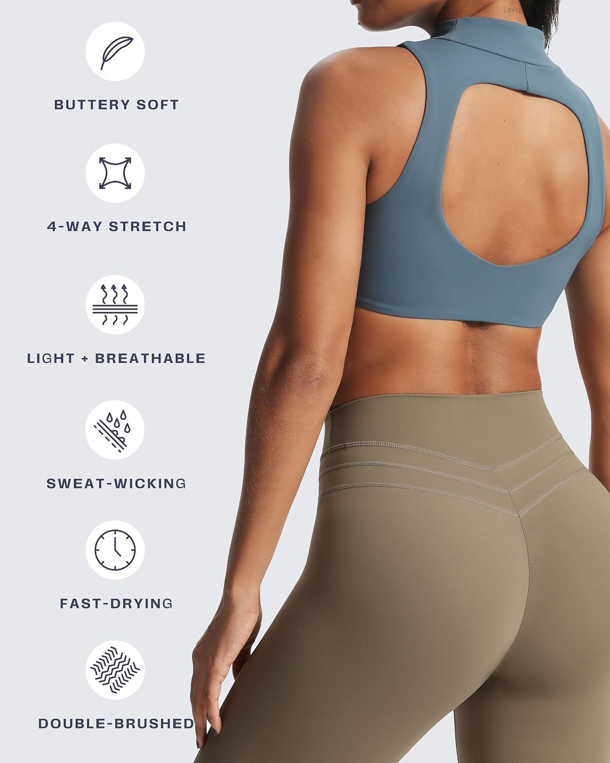 imageAoxjox Womens Kim Cutout High Neck Tank Workout Sports Bras Fitness Training Gym Bra Yoga CropSteel Blue