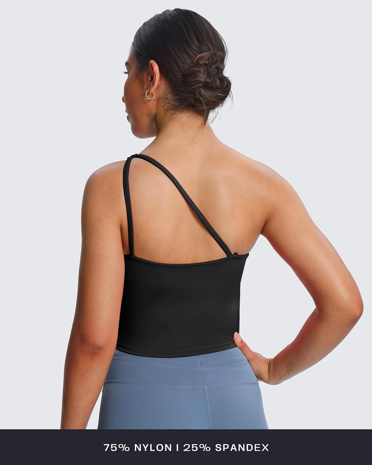 imageAoxjox Womens Workout Sports Bras One Shoulder Astoria Longline Tank Fitness Training Gym Yoga Crop TanksBlack