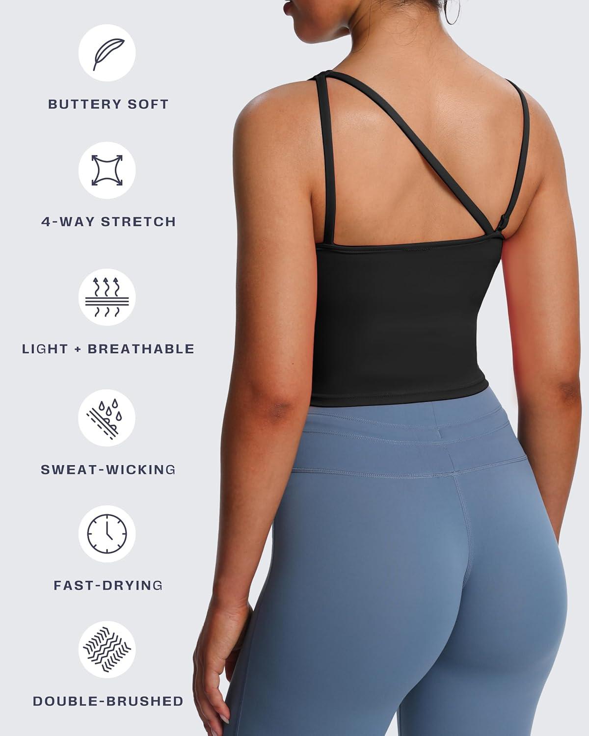 imageAoxjox Womens Workout Sports Bras One Shoulder Astoria Longline Tank Fitness Training Gym Yoga Crop TanksBlack