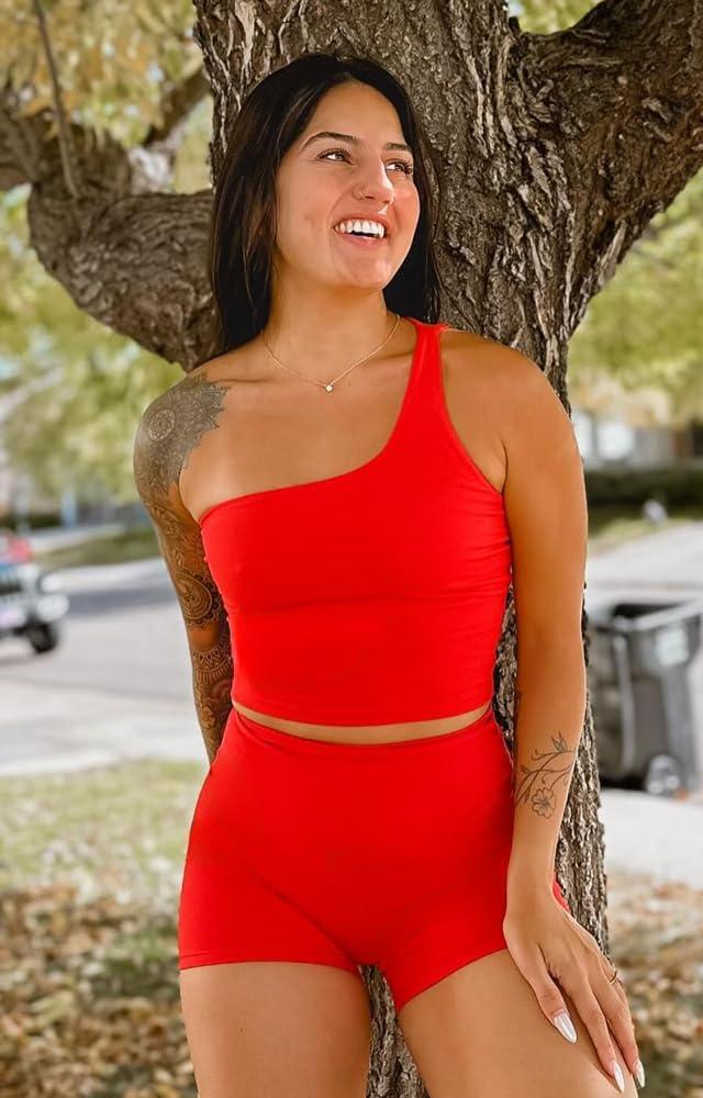 imageAoxjox Womens Workout Sports Bras One Shoulder Astoria Longline Tank Fitness Training Gym Yoga Crop TanksRacing Red