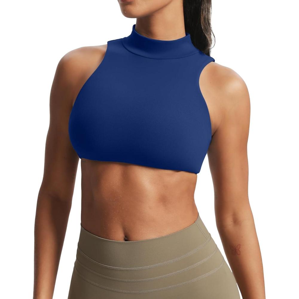 imageAoxjox Womens Kim Cutout High Neck Tank Workout Sports Bras Fitness Training Gym Bra Yoga CropBellwether Blue