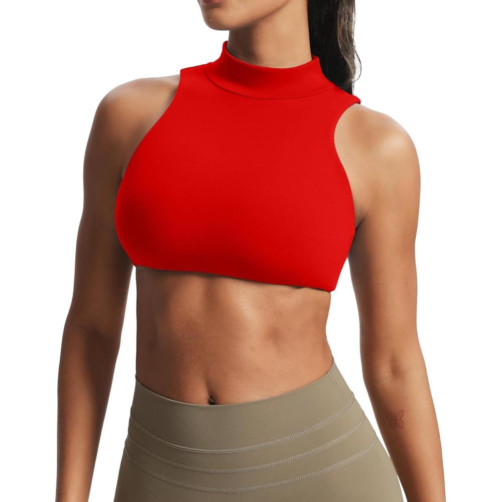 imageAoxjox Womens Kim Cutout High Neck Tank Workout Sports Bras Fitness Training Gym Bra Yoga CropRacing Red