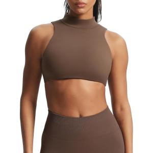 imageAoxjox Womens Kim Cutout High Neck Tank Workout Sports Bras Fitness Training Gym Bra Yoga CropFudge Coffee